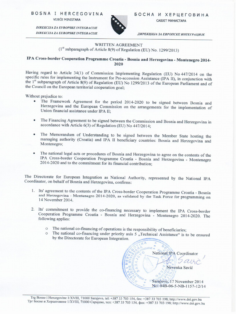Annex 2 Written Agreemet BiH | PDF