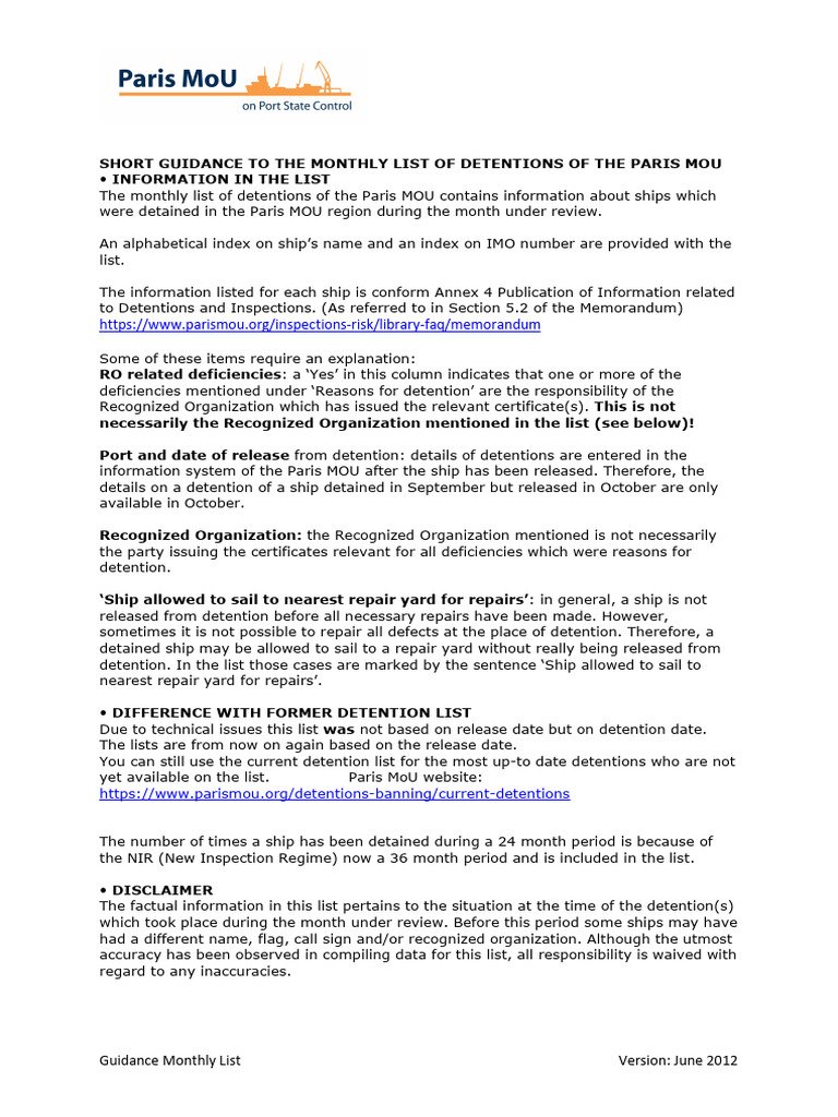 Paris MoU Monthly Detention List June 2022 | PDF | Tonnage | Port