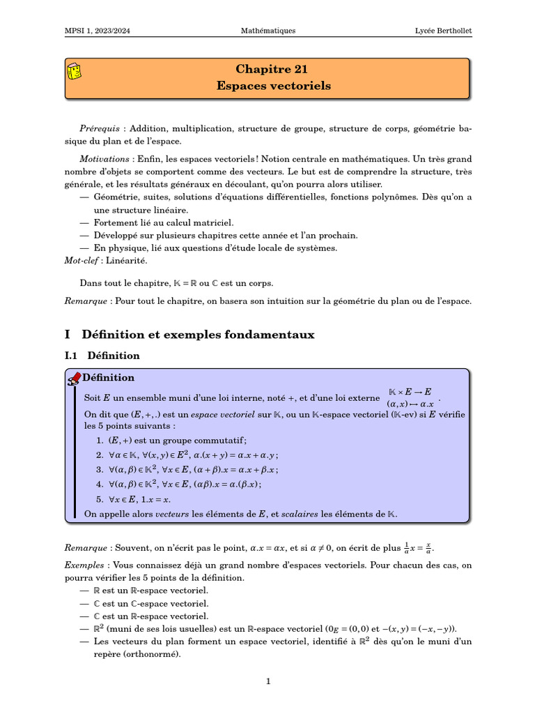 Espaces Vectoriels : Définition et Propriétés | PDF | Espace vectoriel ...