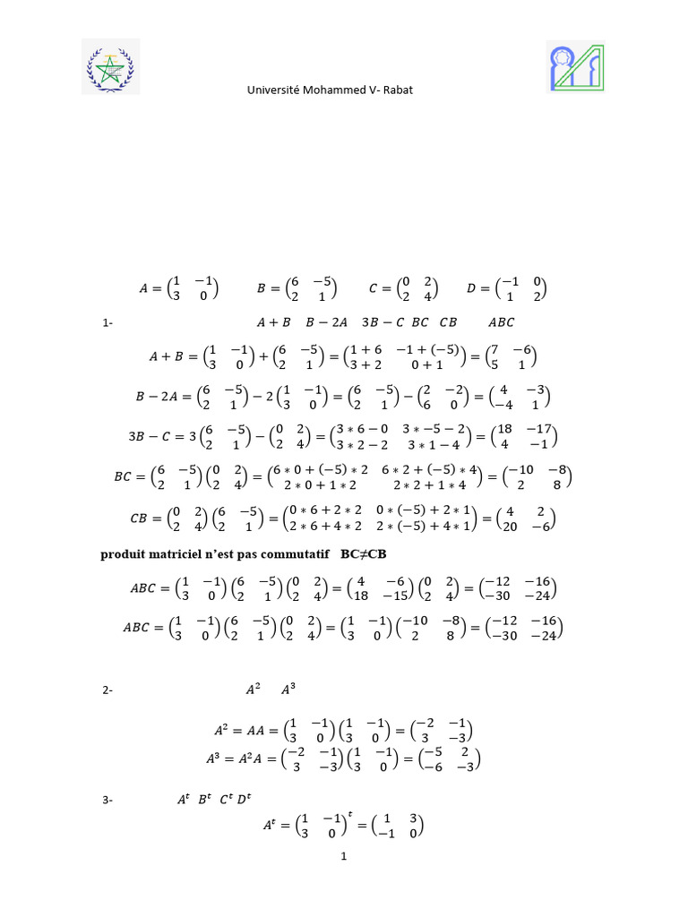 Correction Exercices Matrices PDF | PDF | Matrice (Mathématiques ...