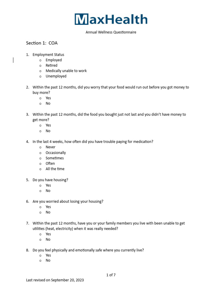 Annual Wellness Questionnaire 2023 | PDF | Chronic Obstructive ...
