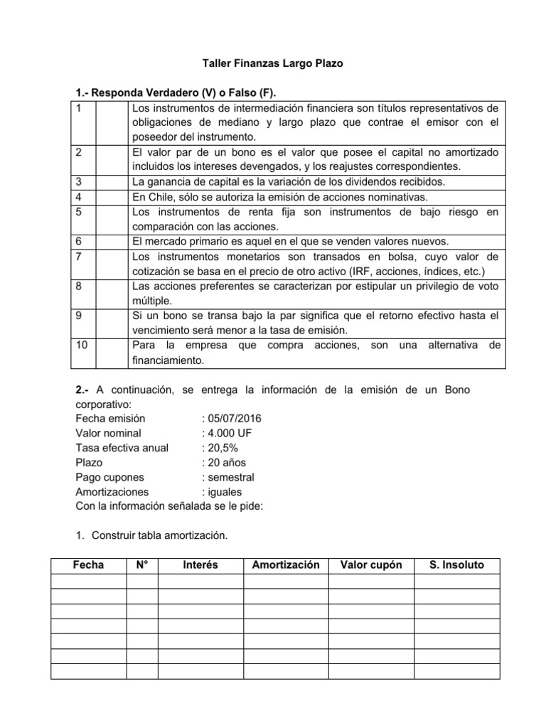 Taller de Finanzas a Largo Plazo | PDF