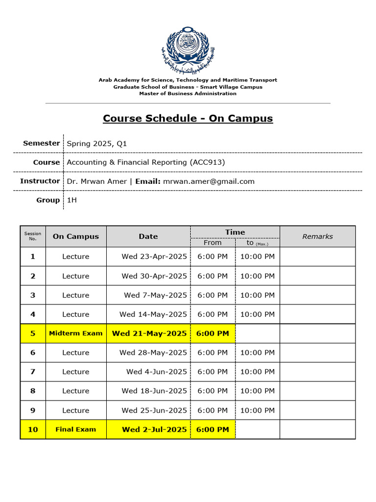 1H Course Schedule - On Campus - Accounting Financial Reporting | PDF