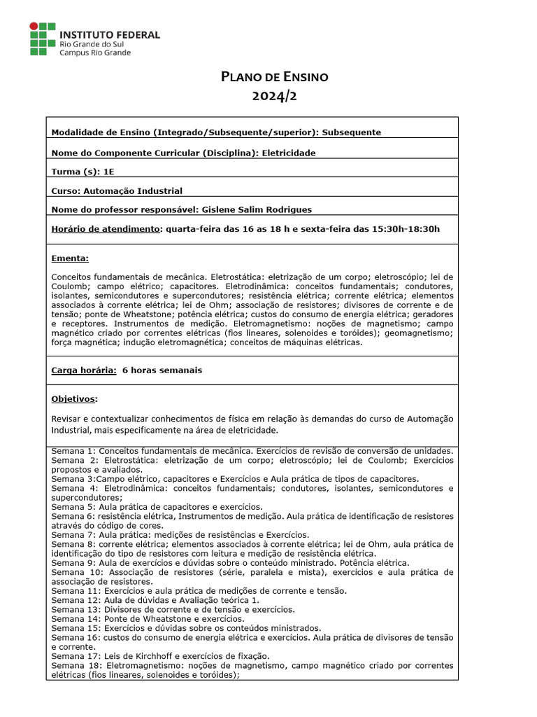 Plano de Ensino: Eletricidade 2024/2 | PDF | Eletricidade ...