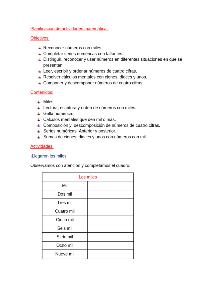 Planificación Matemática Primer Grado | PDF