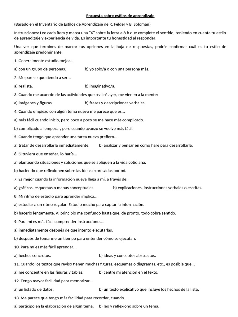 Encuesta de Estilos de Aprendizaje | PDF | Aprendizaje | Ciencia cognitiva