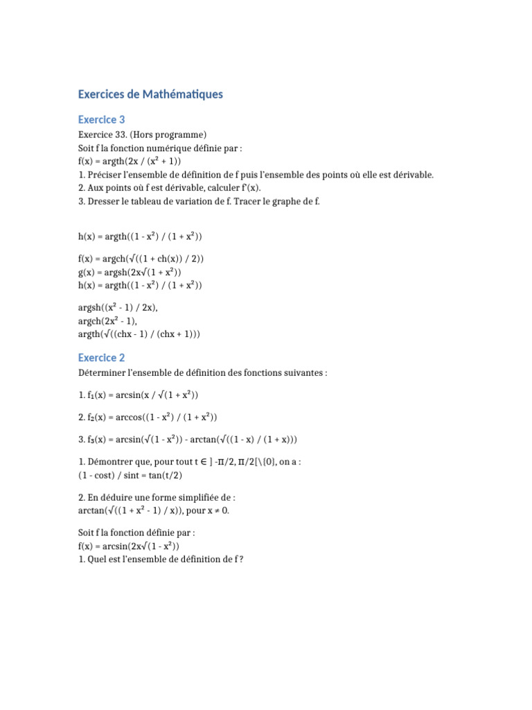 Fonctions et Dérivées des Argth et Arcsin | PDF