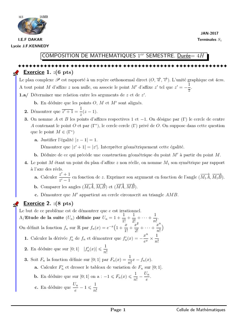 Composition de Mathématiques S1 - Jan 2017 | PDF | Nombre complexe ...