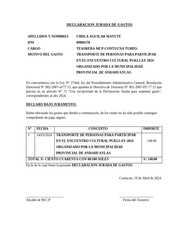 Declaración Jurada de Gastos 2024 | PDF