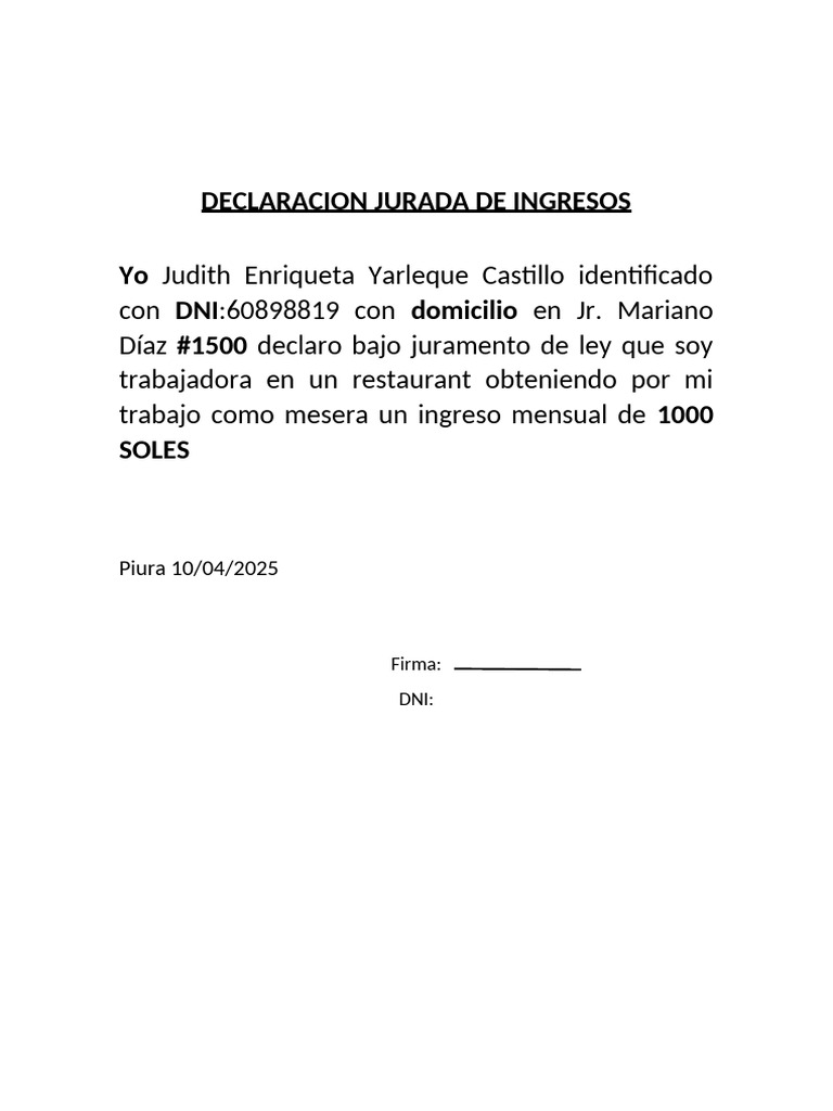 Declaracion Jurada de Ingresos | PDF