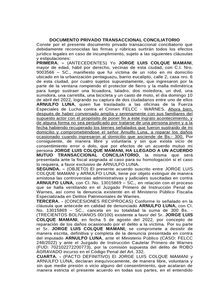 Acuerdo Conciliatorio por Robo en Warnes | PDF | Justicia | Crimen y ...