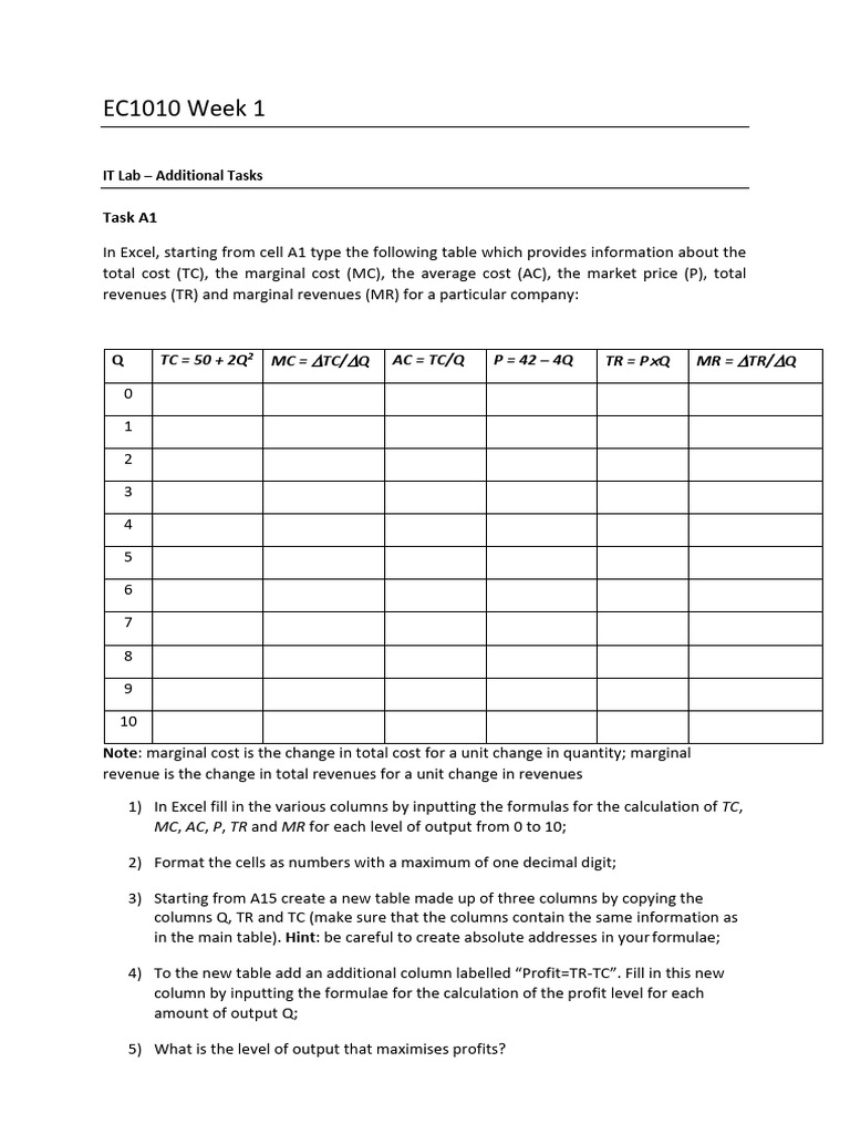 EC1010 Week 1 IT Lab Extra Tasks | PDF | Business Economics | Economics