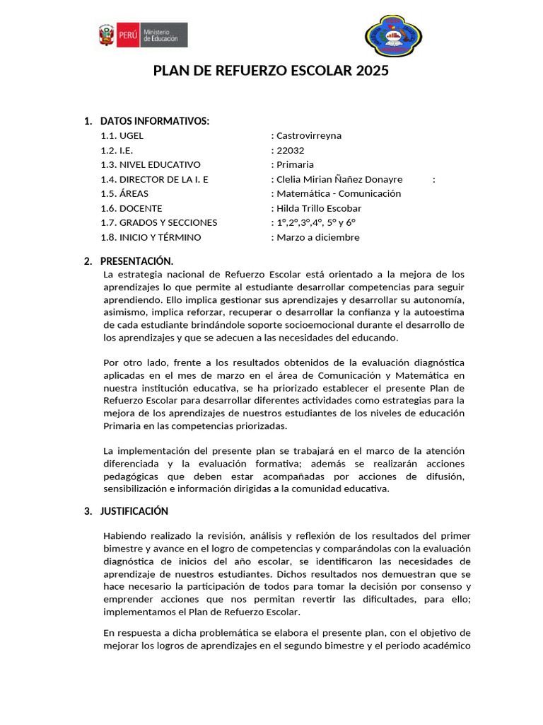 Plan de Refuerzo Escolar 2025 | PDF | Plan de estudios | Información