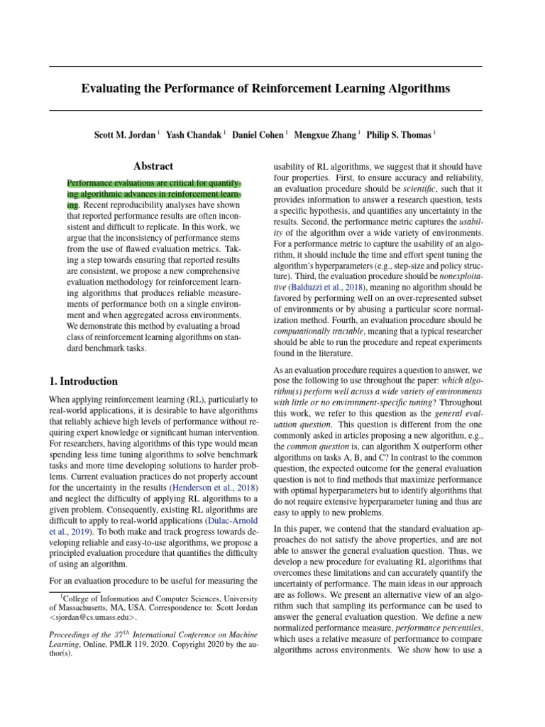 Evaluating The Performance of Reinforcement Learning Algorithms | PDF ...