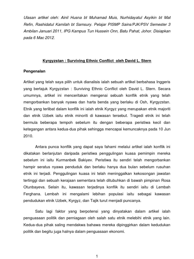 Ulasan Artikel Konflik Etnik Luar Negara (Kyrgyzstan 