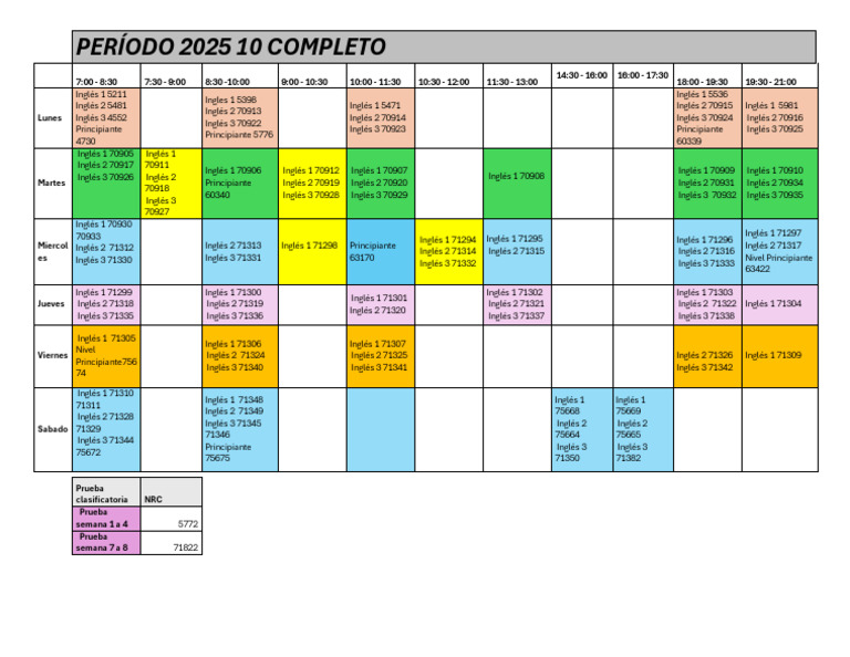 Horarios de Clases de Inglés 2025 | PDF