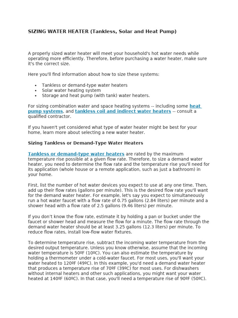 SIZING WATER HEATER Including Heat Pump and Solar | PDF | Water Heating ...