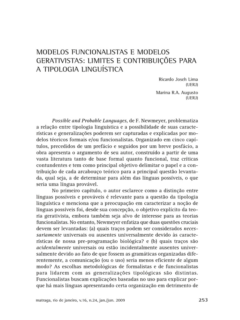 Modelos Funcionalistas e Modelos Gerativistas - Limites e Contribuições ...