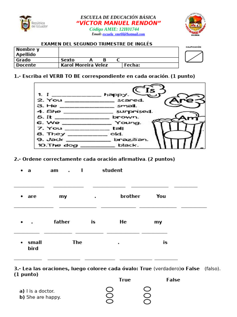 Examen de Inglés para Sexto de Primaria | PDF