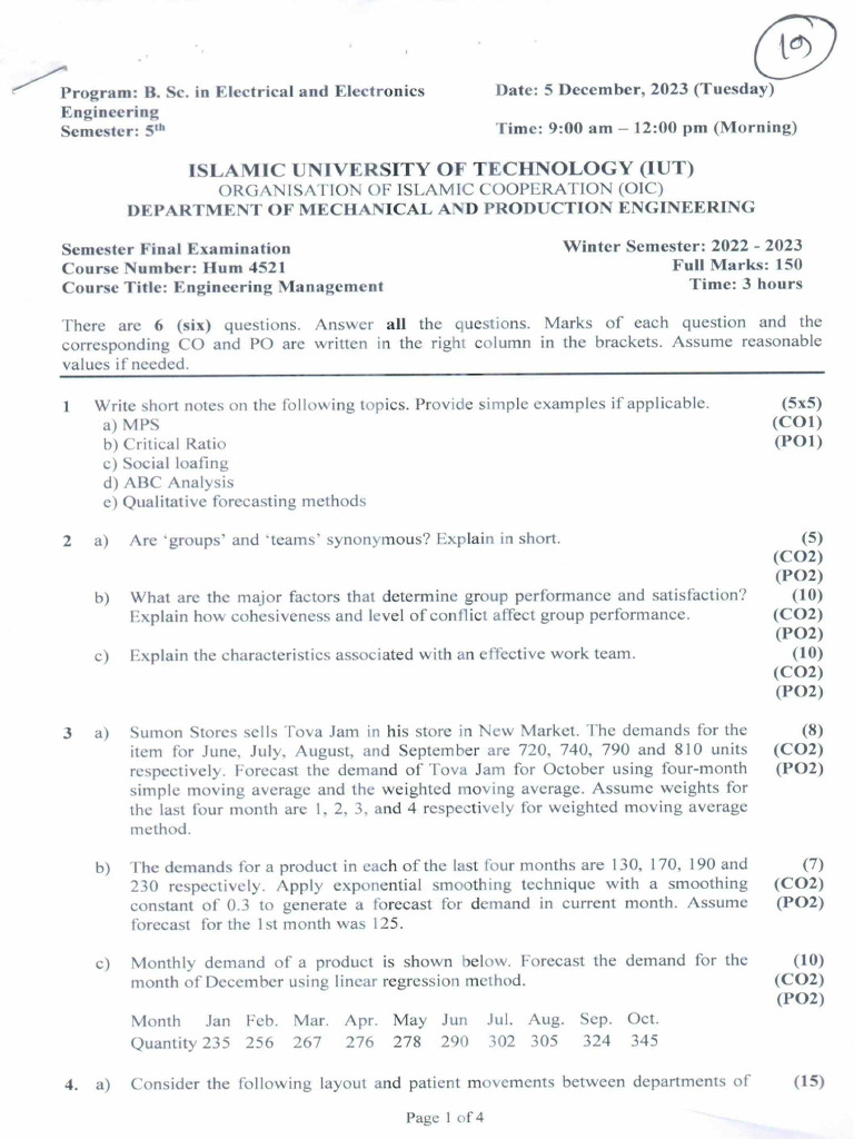Engineering Management Exam Questions | PDF