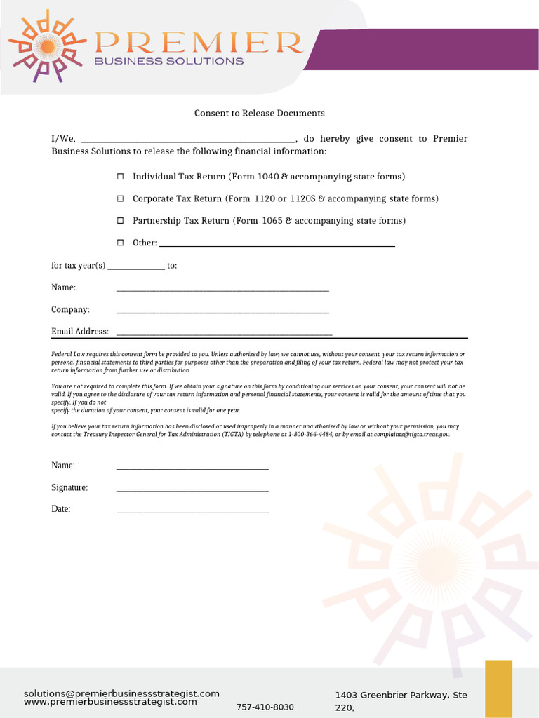 Consent to Release Documents | PDF | Irs Tax Forms
