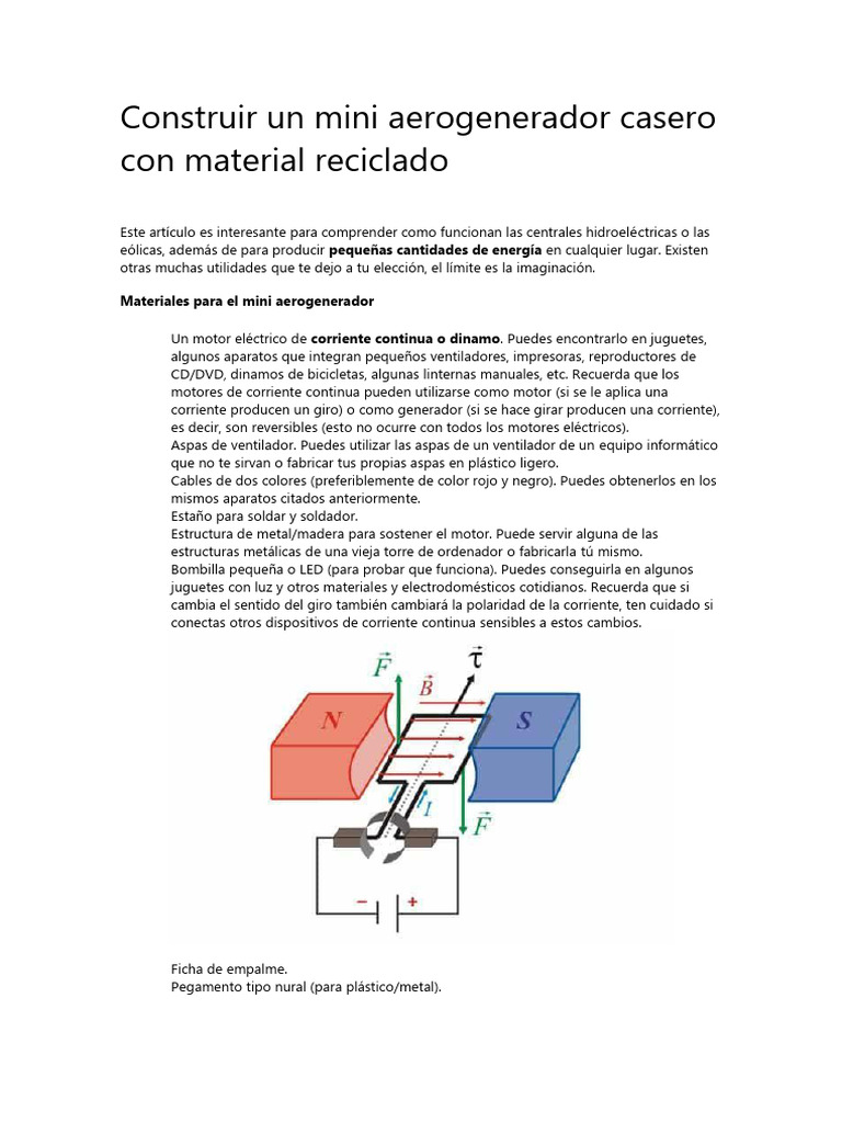 Mini aerogenerador casero reciclado | PDF | Motores | Corriente continua