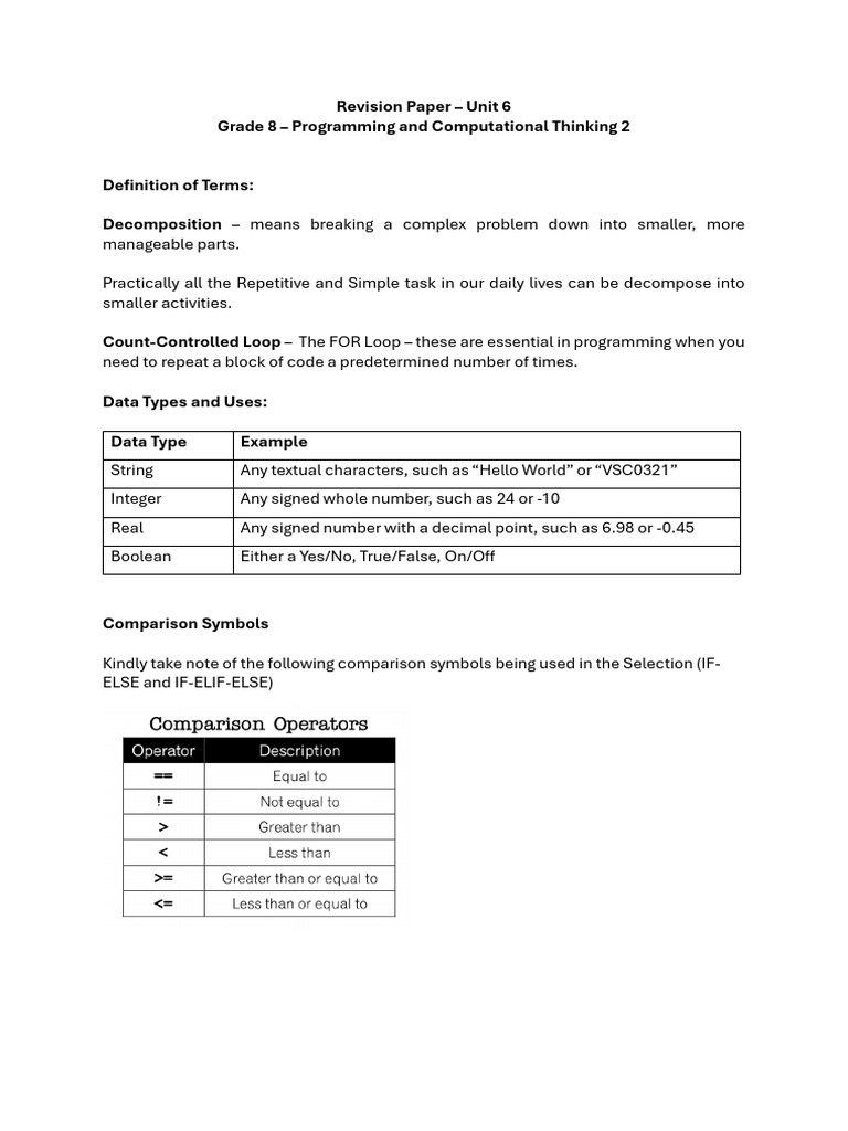 Unit 6 - Grade 8 - Revision Paper | PDF | Control Flow | Data Type