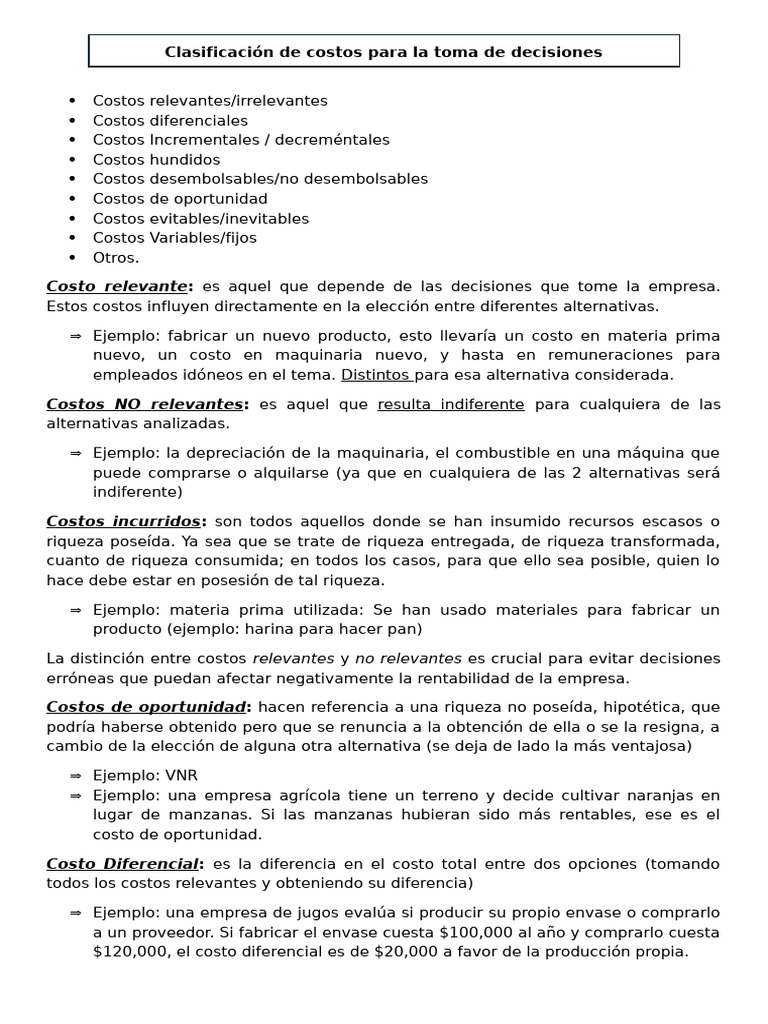 Clasificación de Costos para Decisiones Empresariales | PDF | Costo ...