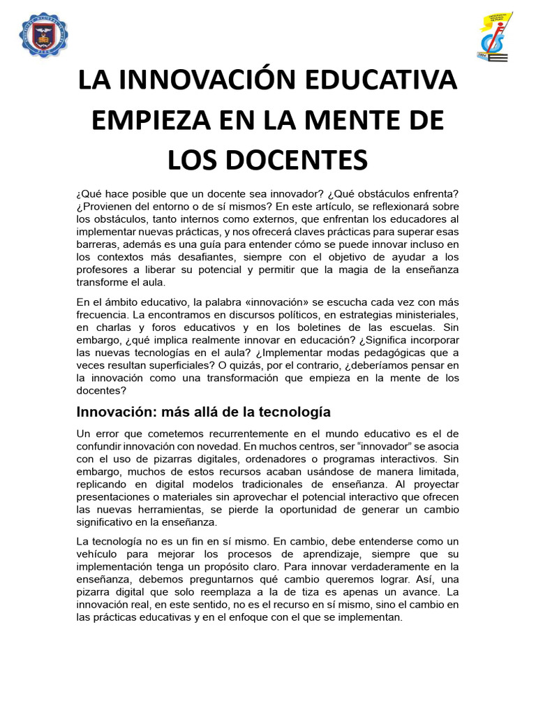 La Innovación Educativa Empieza en La Mente de Los Docentes | PDF ...