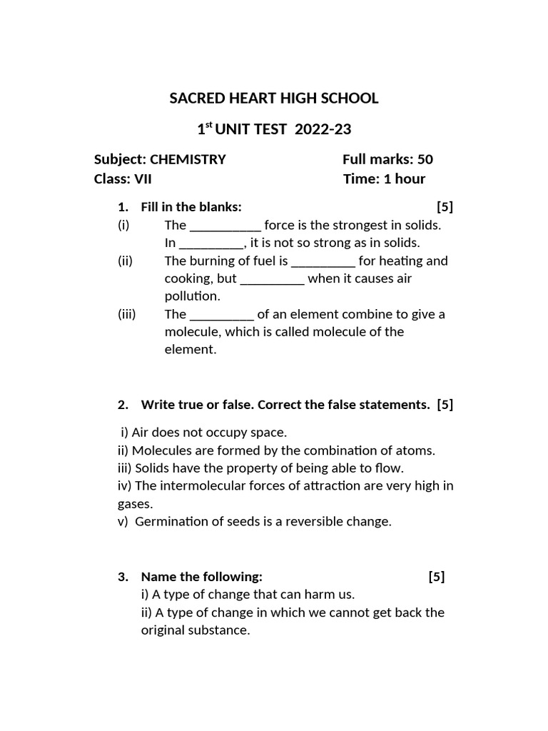 1st Unit Test Chem VII 2021 22 | PDF