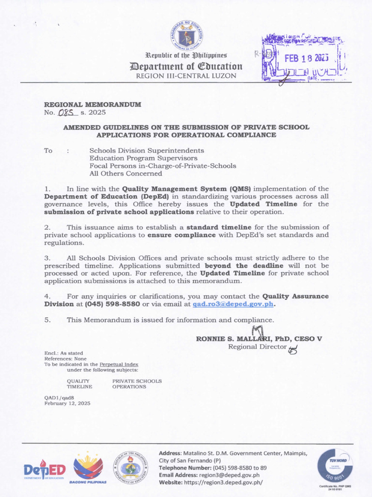 RM No. 085, S.2025 - Amended Guidelines On The Submission of Prvate ...