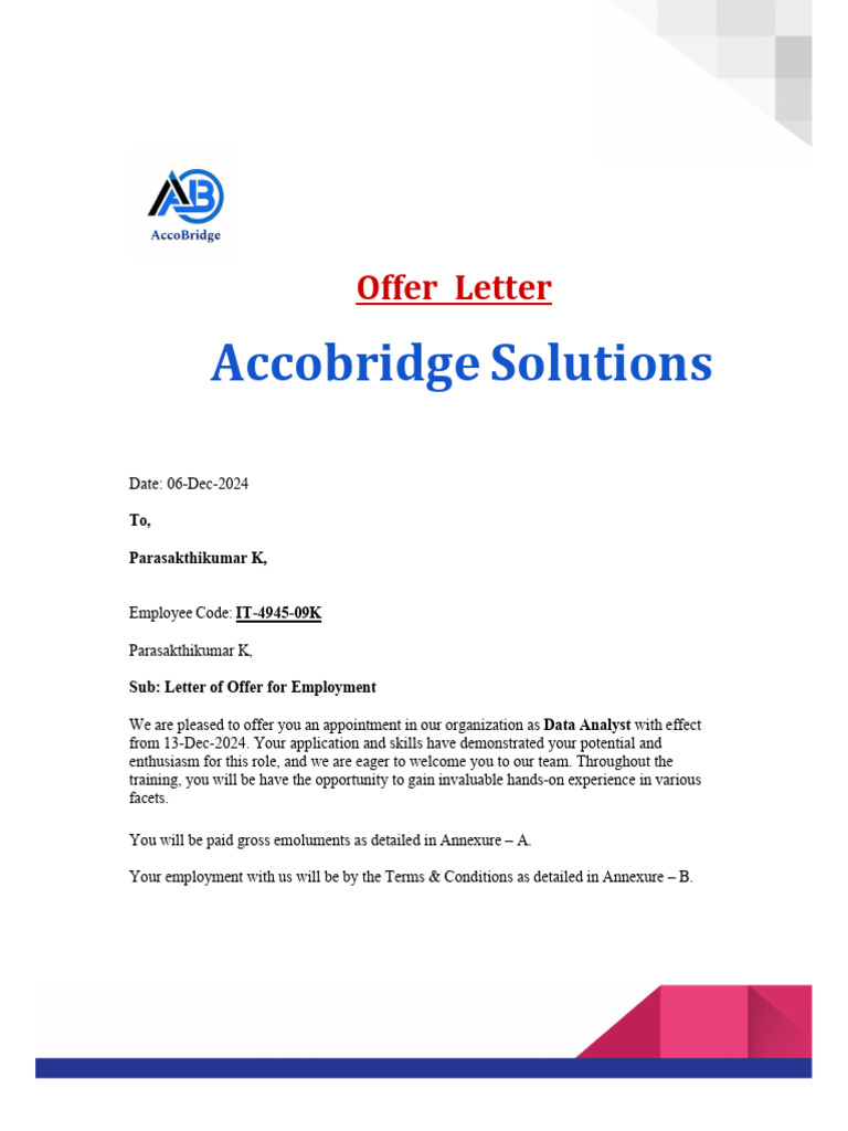 Job Offer Letter for Data Analyst | PDF | Employment | Breach Of Contract