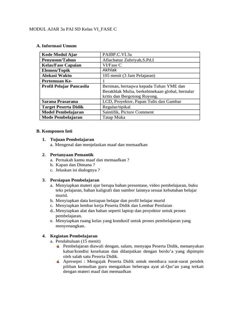 Modul Ajar PAI SD Kelas VI Akhlak | PDF