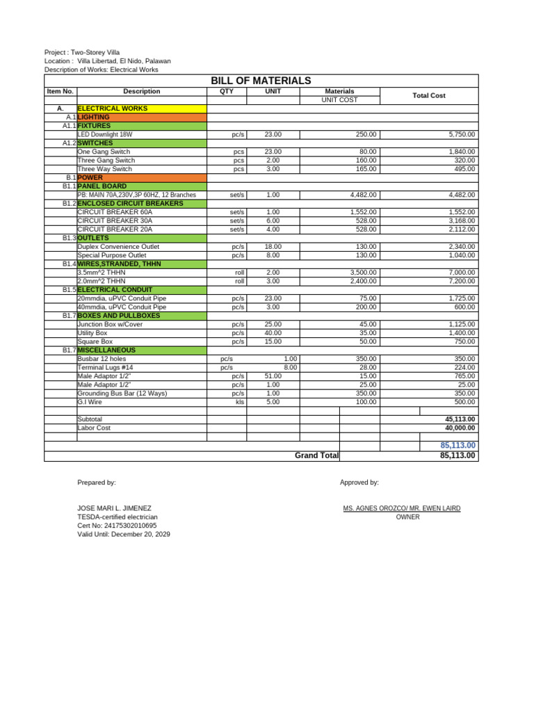 Electrical Works Bill for Villa Project | PDF | Electric Power ...