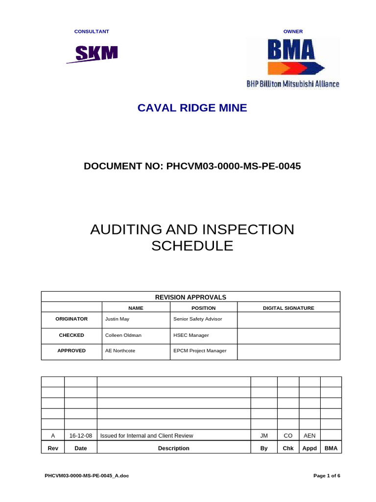 Caval Ridge Mine Audit Schedule | PDF | Occupational Safety And Health ...