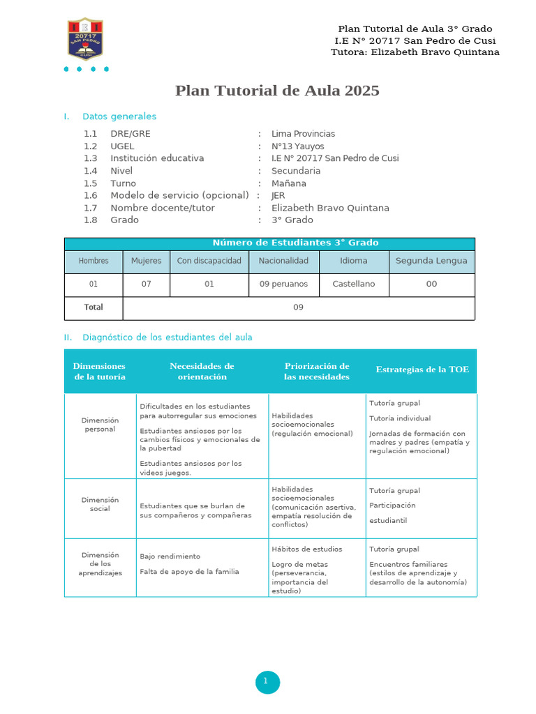 Plan Tutorial 3° Grado - Elizabeth Bravo | PDF | Las emociones | Salón ...