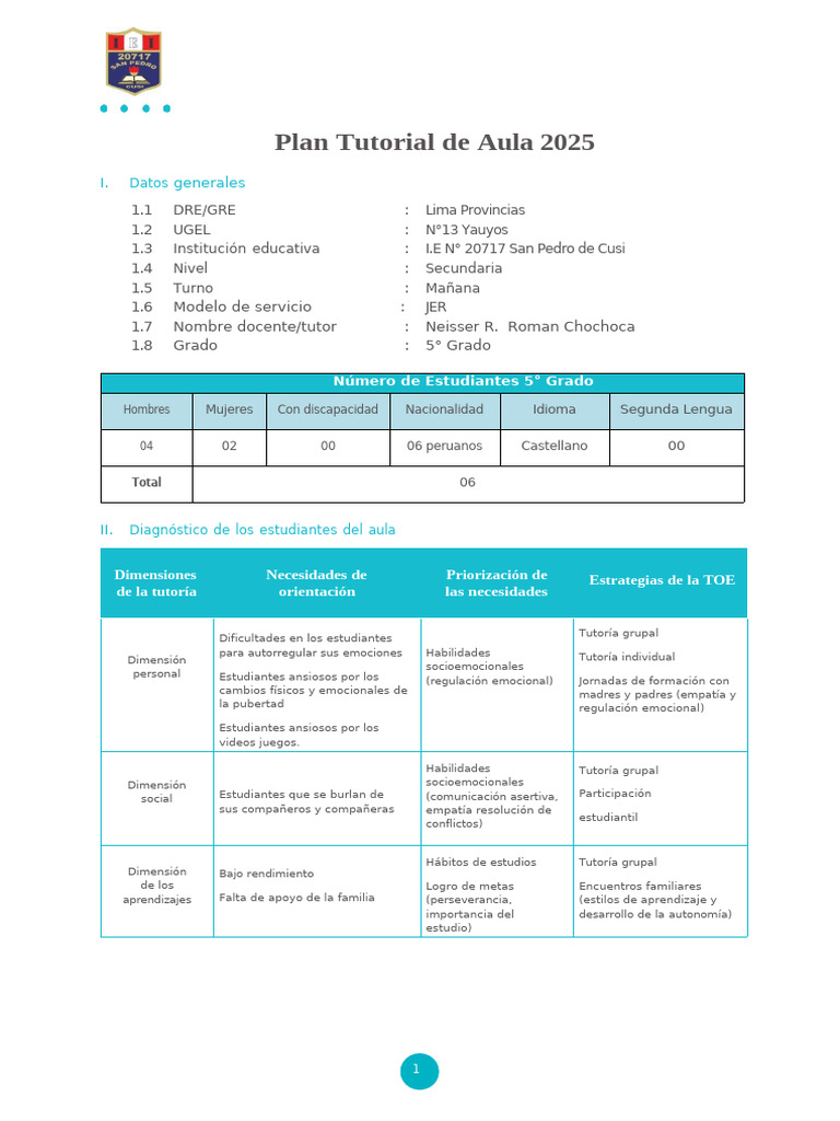 Plan Tutorial 2025 para 5° Grado | PDF | Las emociones ...