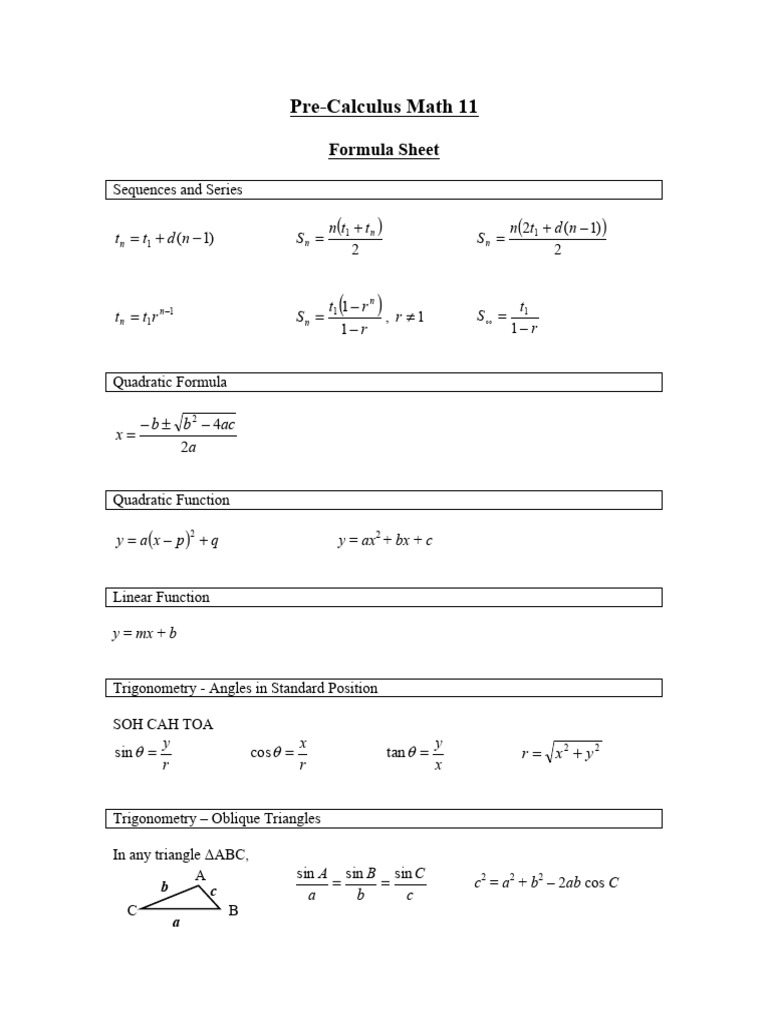 Pre-Calculus Math 11 Formula Sheet | PDF