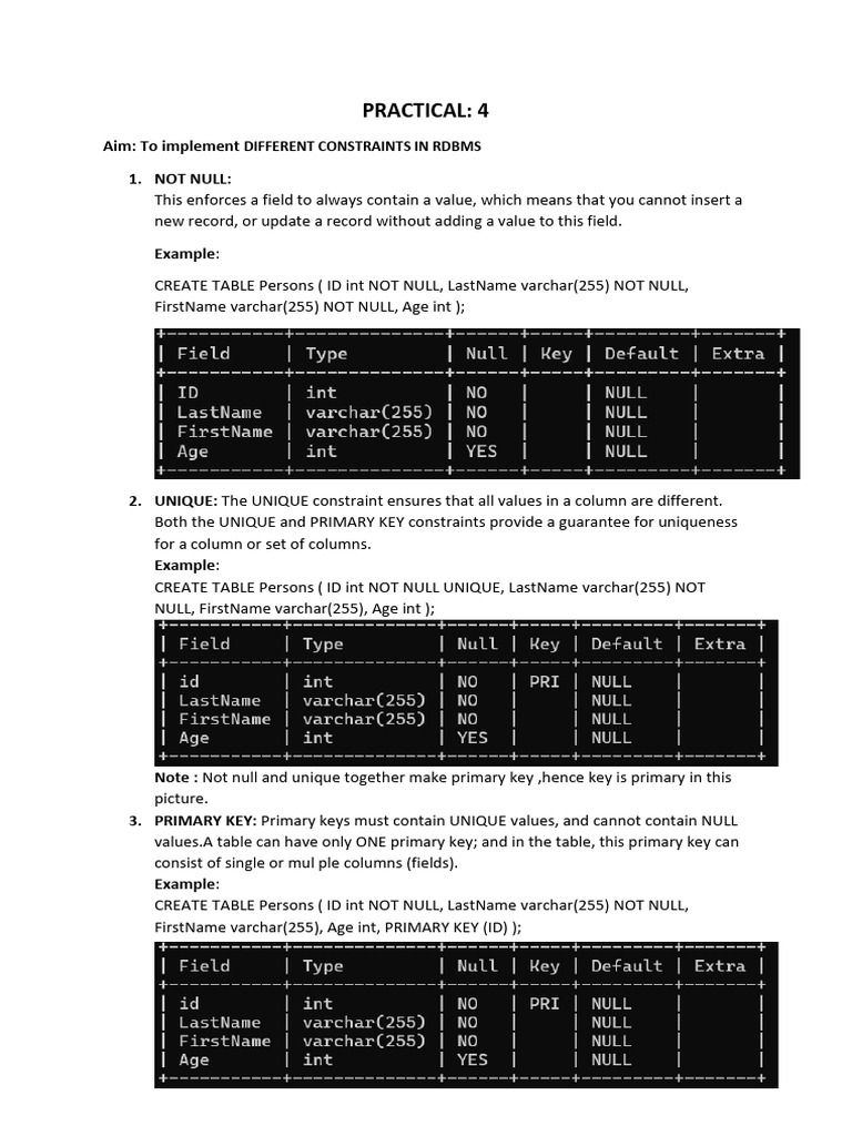 RDBMS Constraints Explained with Examples | PDF | Database Index | Data ...