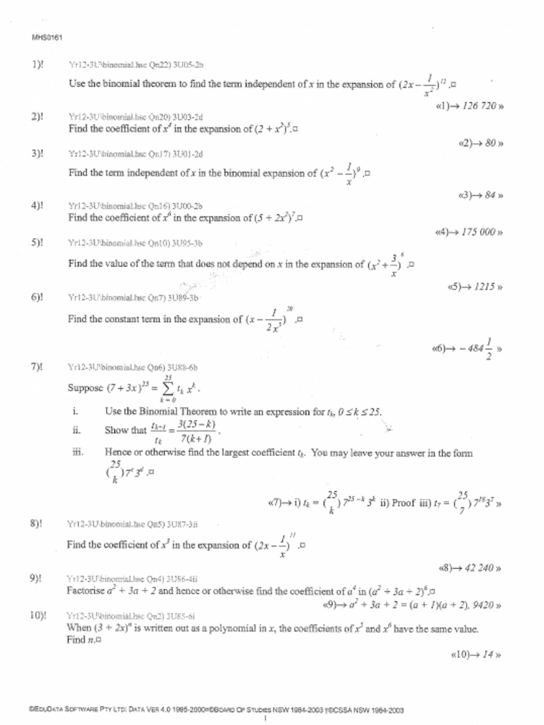 HSC Past Papers Bionomial Expansion | PDF