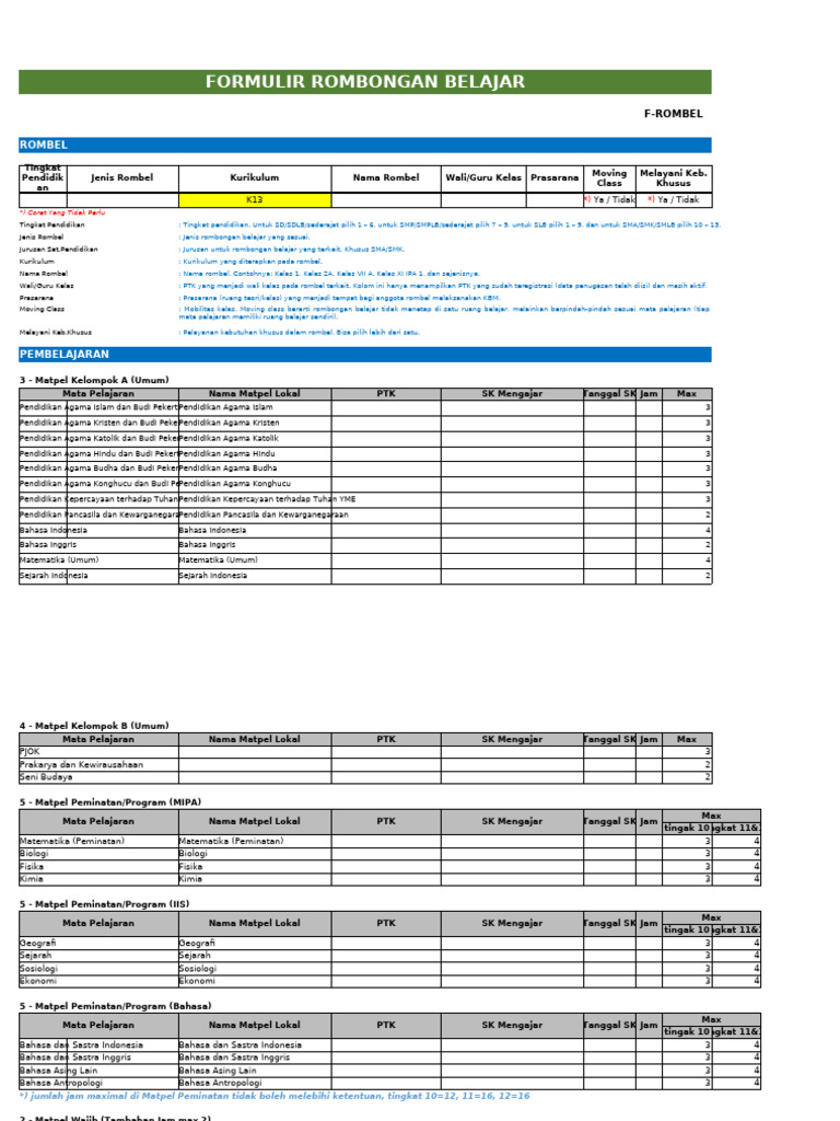 Formulir Rombongan Belajar Sekolah | PDF