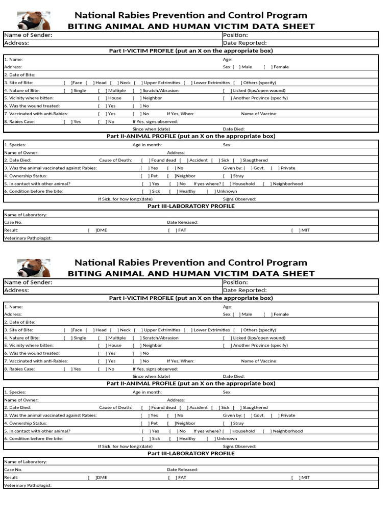 Rabies Bite Victim Data Sheet | PDF | Rabies | Medicine