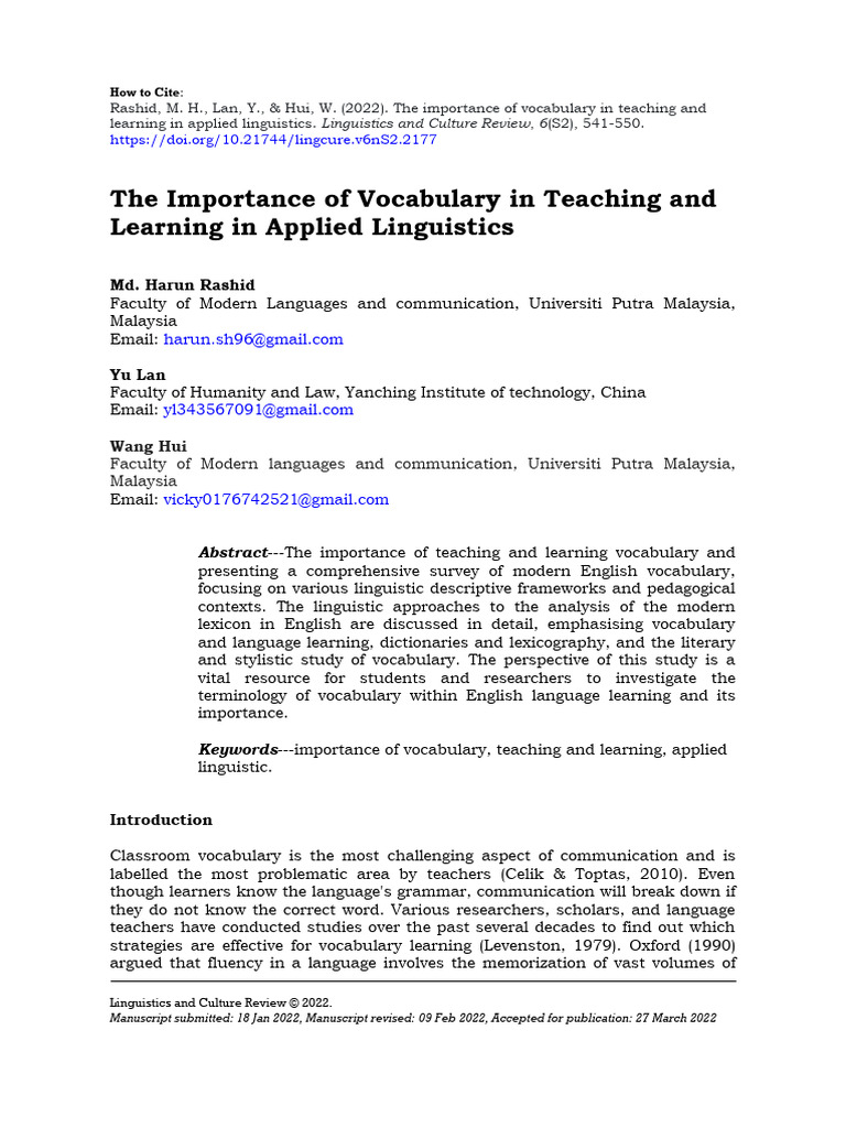 Vocabulary's Role in Language Learning | PDF | Vocabulary | Reading ...