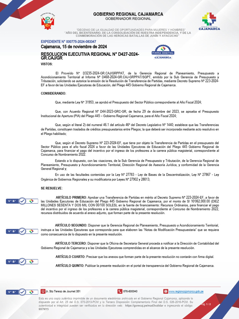 Resolucion Ejecutiva Regional D427-2024 | PDF | Presupuesto | Gobierno