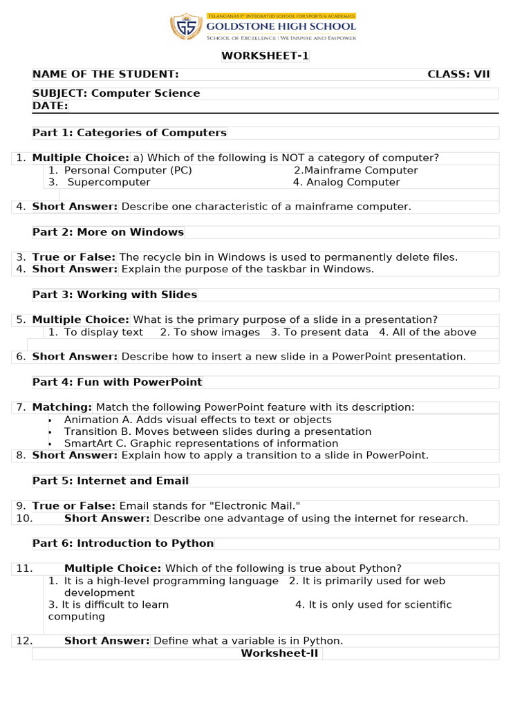 Computer Worksheet Grade VII | PDF | Microsoft Power Point | Personal ...