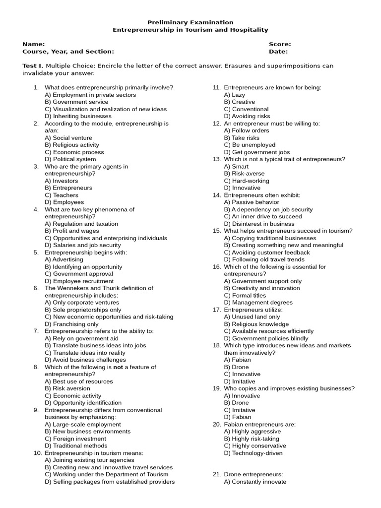 Preliminary Examination in Entrepreneurship in Tourism and Hospitality ...
