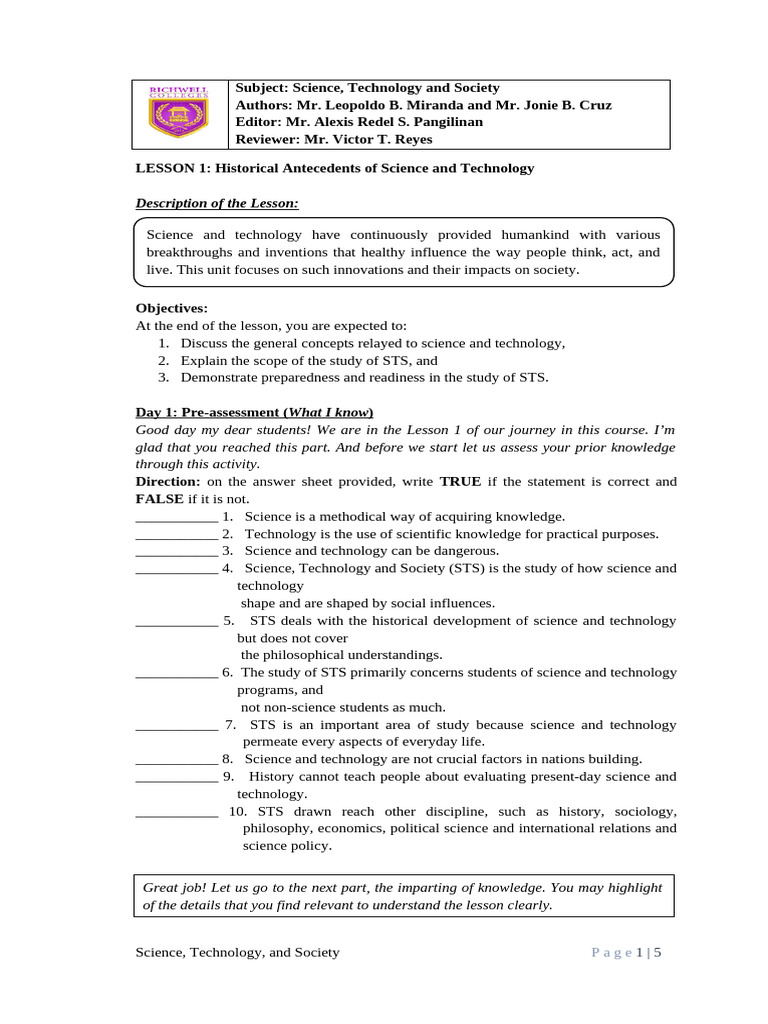 Lesson 1 Introduction To Science Technology and Society For Review ...