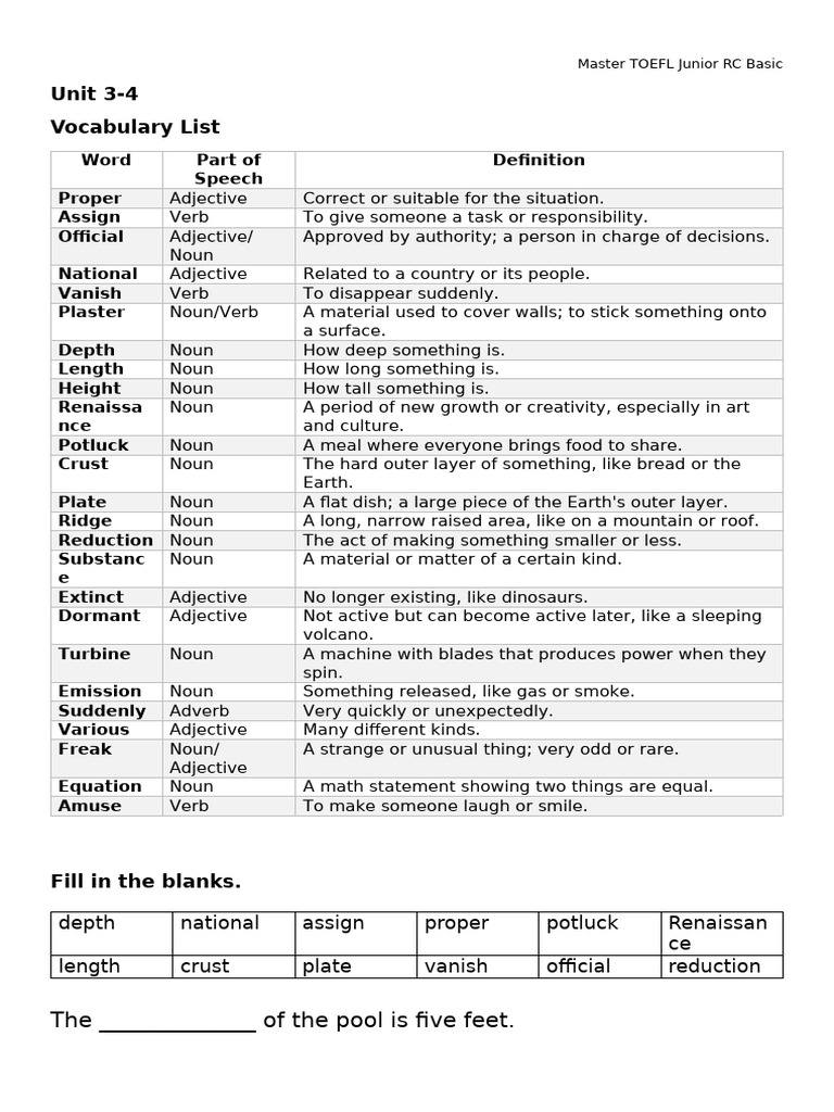 TOEFL Junior RC Vocabulary Guide | PDF | Adjective | Noun
