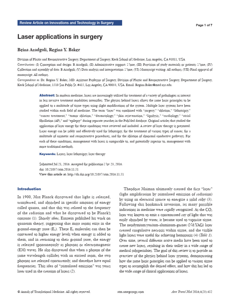 Laser Applications in Modern Surgery | PDF | Laser | Electromagnetic ...