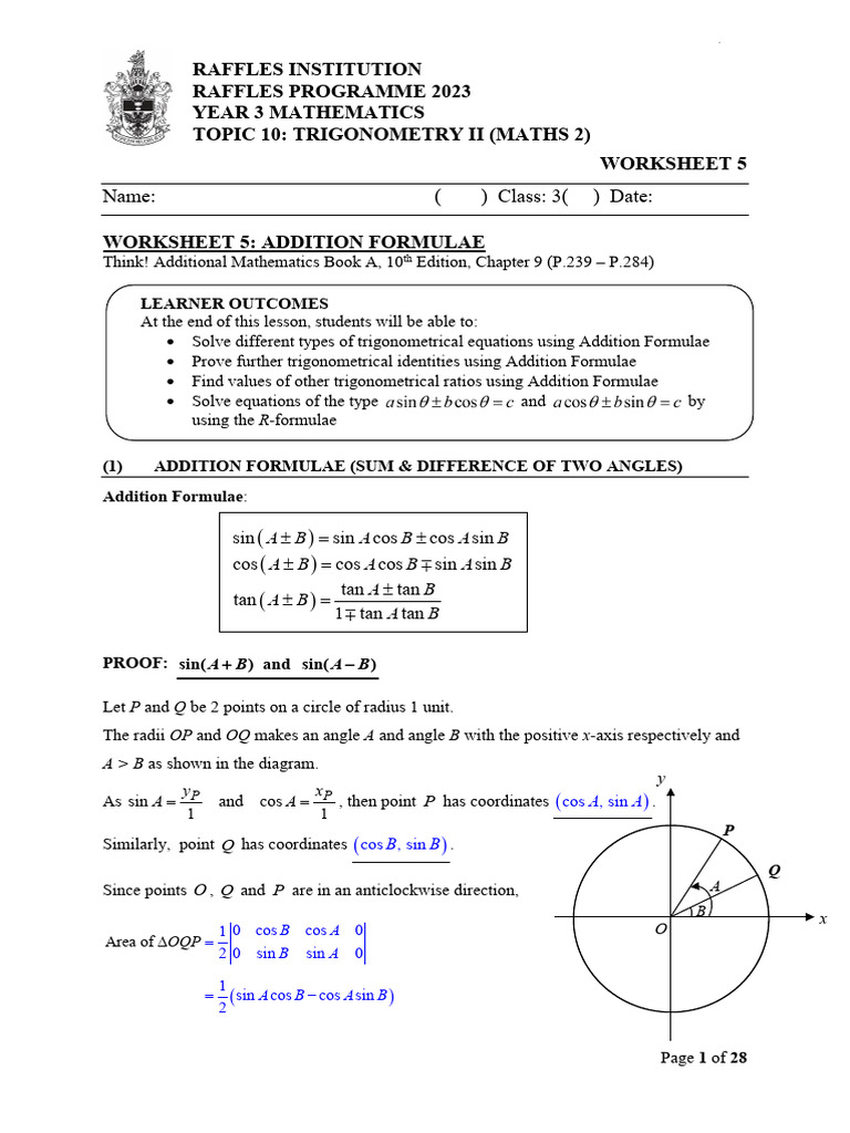 Trigonometry II: Addition Formulae Worksheet | PDF | Trigonometry ...